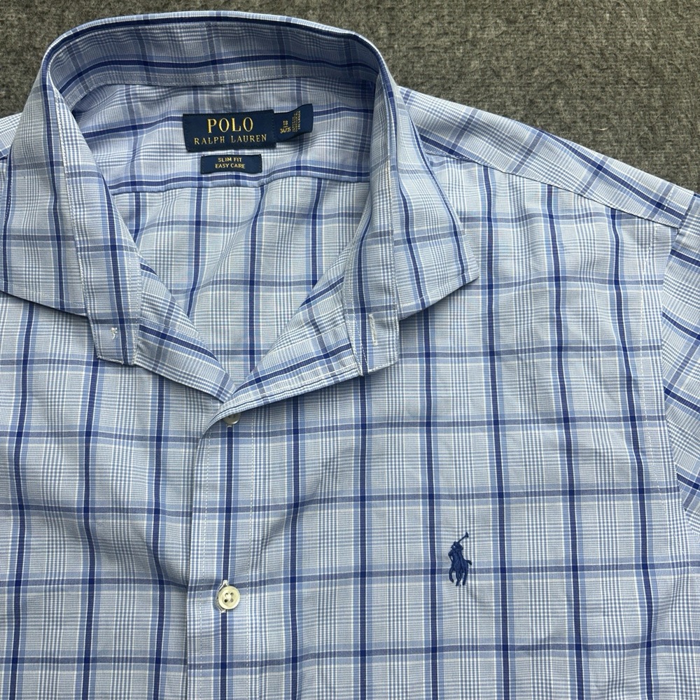 Polo Ralph Lauren‎ Button Up Shirt 18 34/35 Plaid Slim Fit Blue Long Sleeve